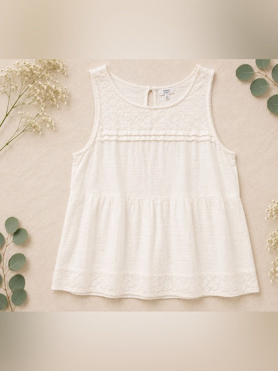 crown & ivy Tops - Crown & Ivy White Textured Lace Detail Sleeveless Babydoll Top Medium